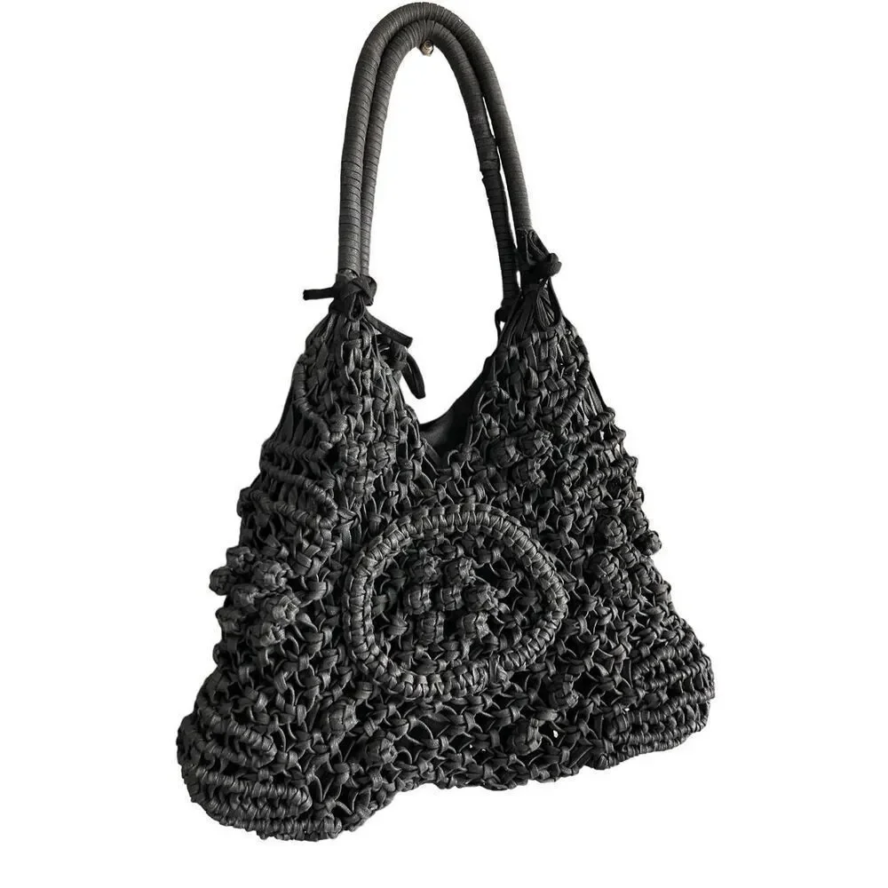 Clever Carriage Company Womens Black Crocheted Positano Hand Macrame Satchel Bag